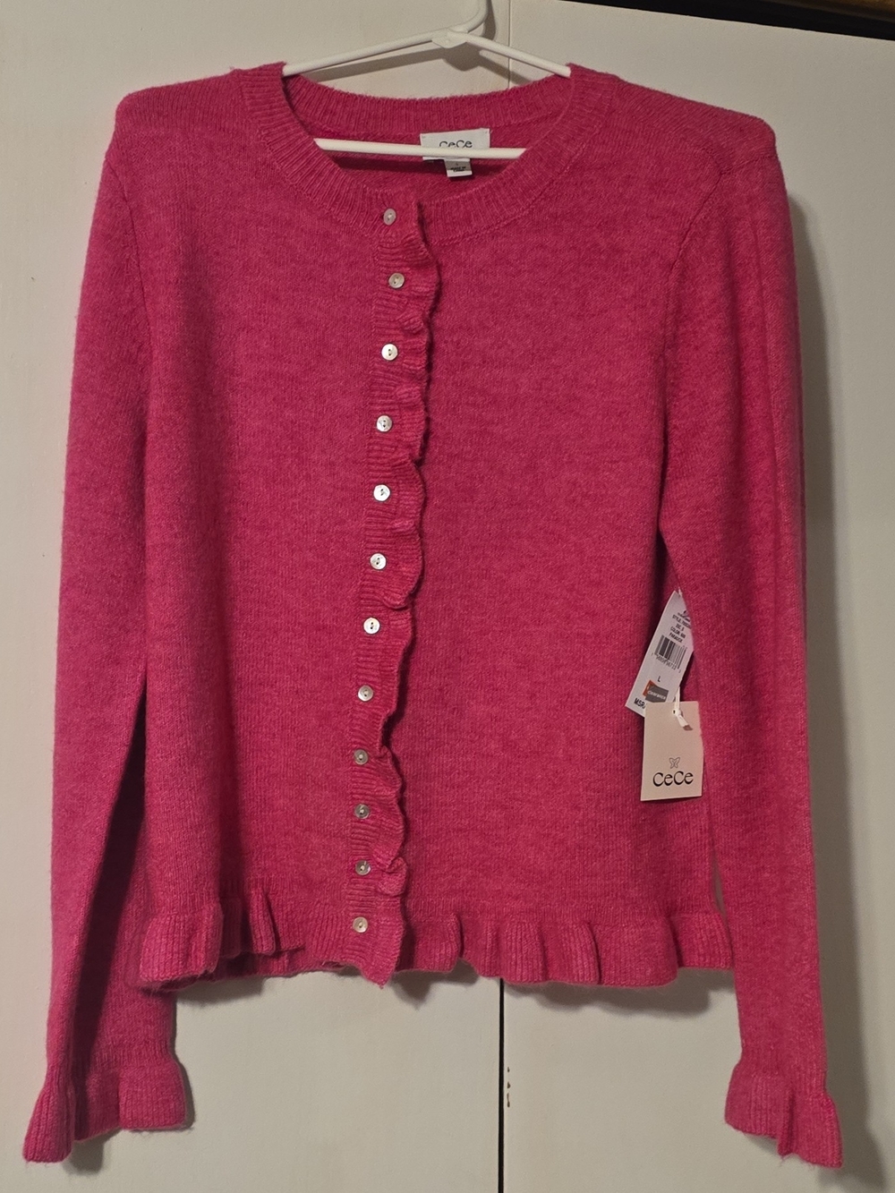 CeCe Women's Pink Ruffle-Trim Button Cardigan Sweater